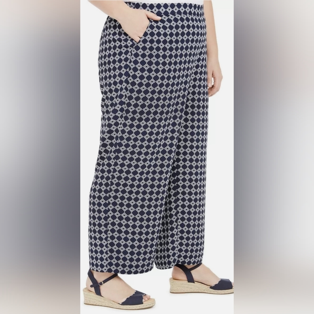 Charter Club pull on flat front wide leg navy blue tyler tile print size XL